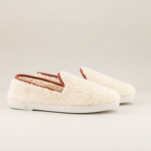 Chausson Homme bouclette de laine naturelle, blanc camel